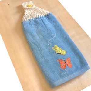 Vintage Butterfly Crochet Top Hanging Towel Blue Yellow White Cottage Boho